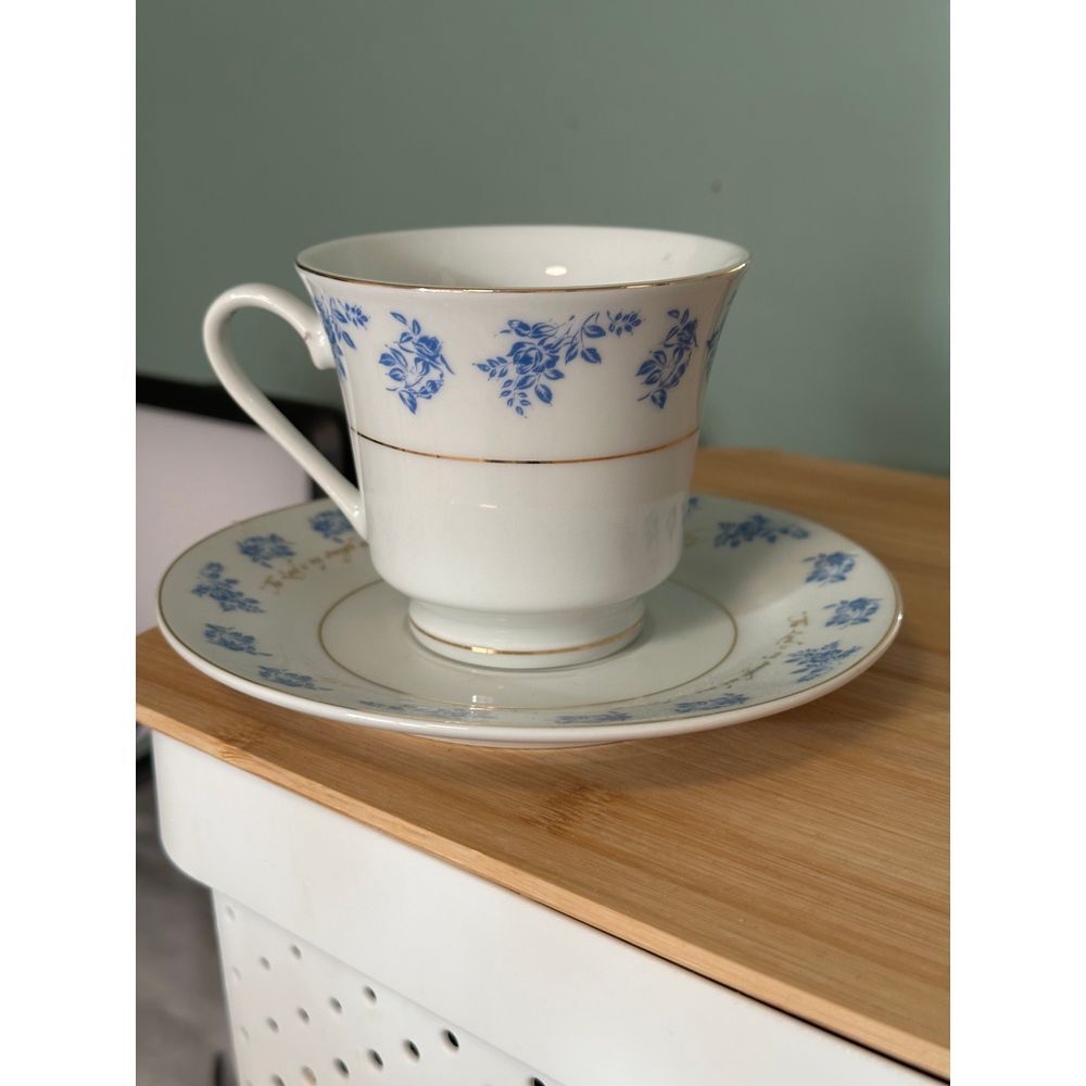 Dayspring Cards Vintage Blue Floral Teacup and Saucer Set Gold Trim Fine‎ China